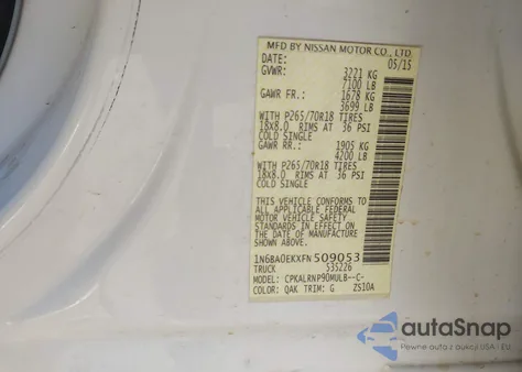 2015 Nissan Titan S z USA, uszkodzony, nr VIN 1N6BA0EKXFN509053